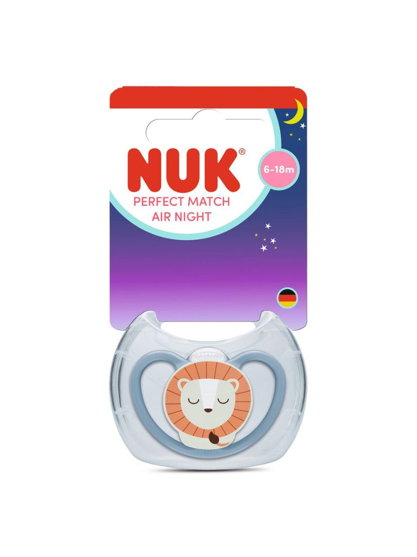 Nuk πιπίλα σιλικόνης perfect match air night με θήκη 6-18m blue lion - Nuk