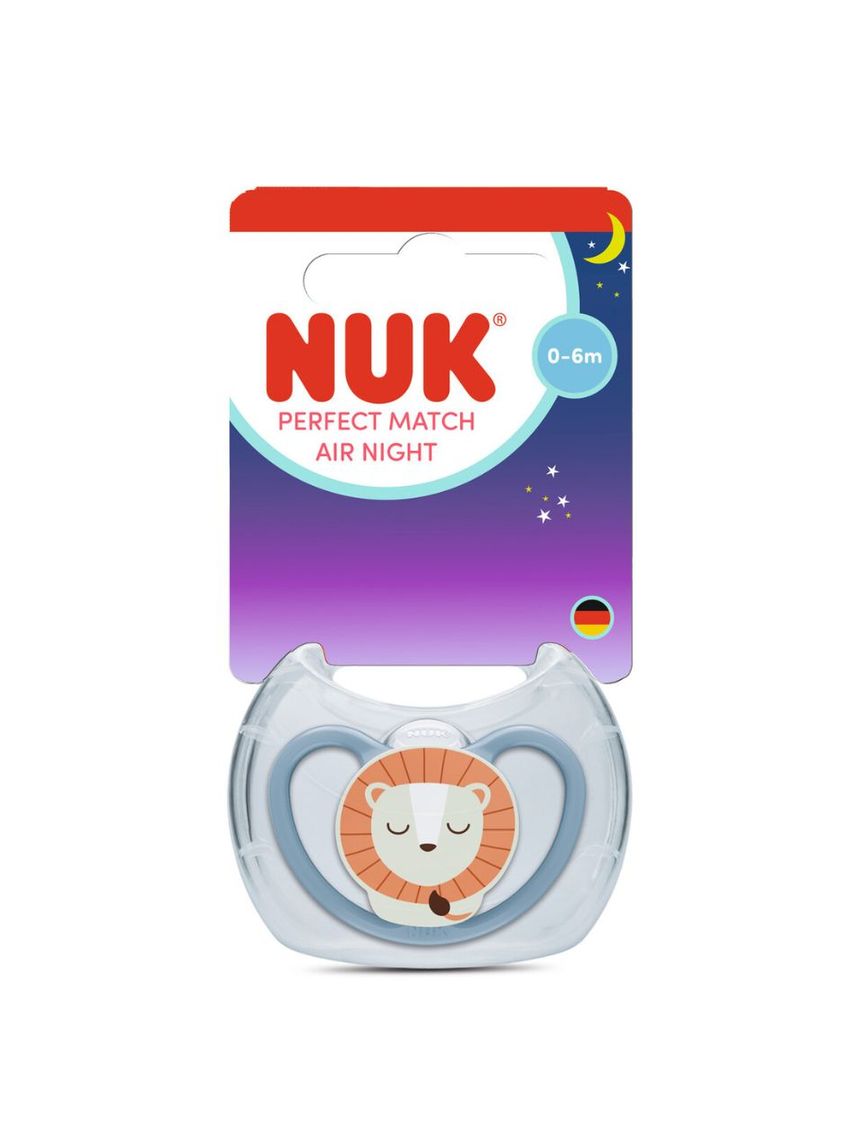 Nuk πιπίλα σιλικόνης perfect match air night με θήκη 0-6m blue lion - Nuk