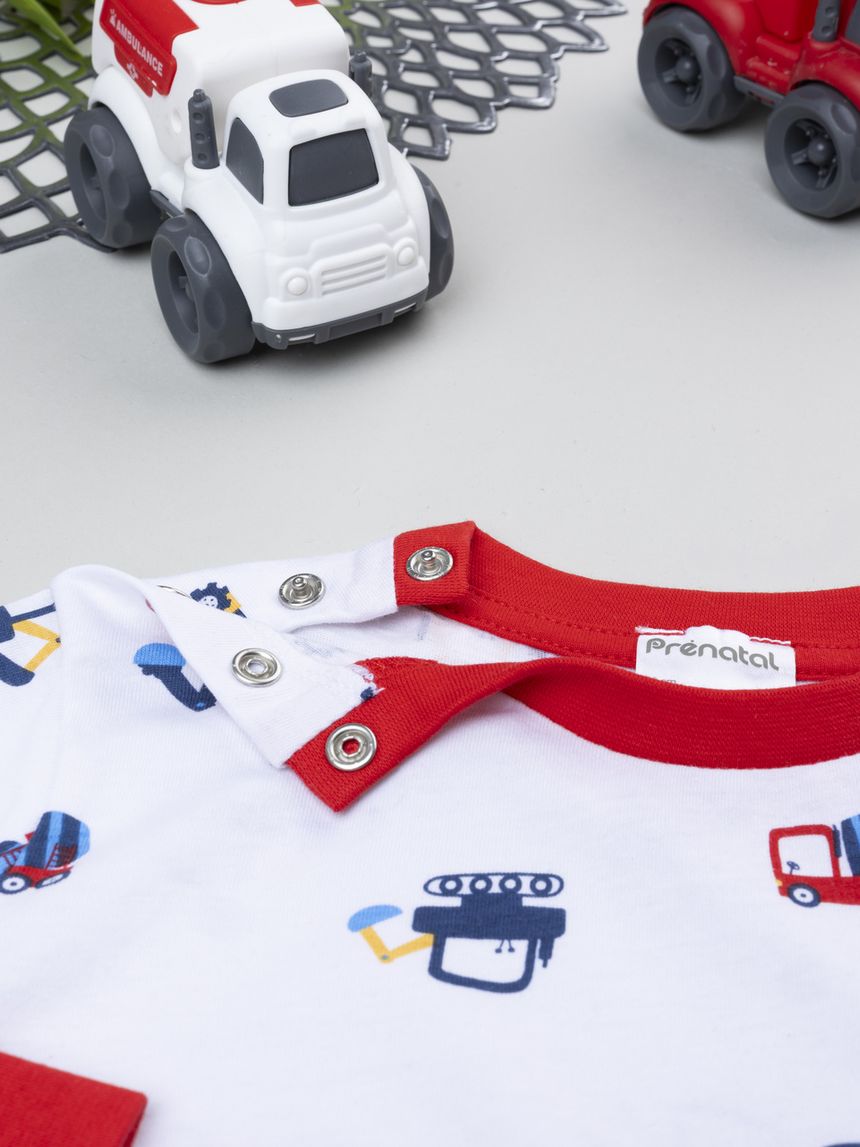 βρεφική πιτζάμα λευκή/κόκκινη με οχήματα για αγόρι - Prénatal