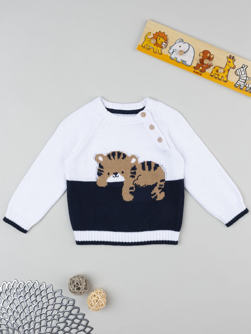 βρεφικό πουλόβερ λευκό/μπλε με τιγράκι για αγόρι - Prénatal