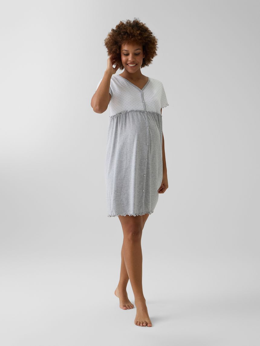 γυναικείο νυχτικό εγκυμοσύνης/θηλασμού γκρι/λευκό πουά - Prénatal