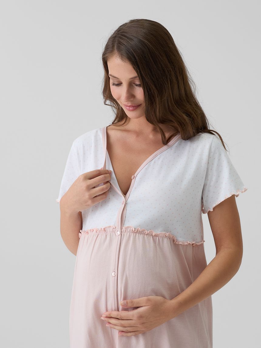 γυναικείο νυχτικό εγκυμοσύνης/θηλασμού ροζ/λευκό πουά - Prénatal