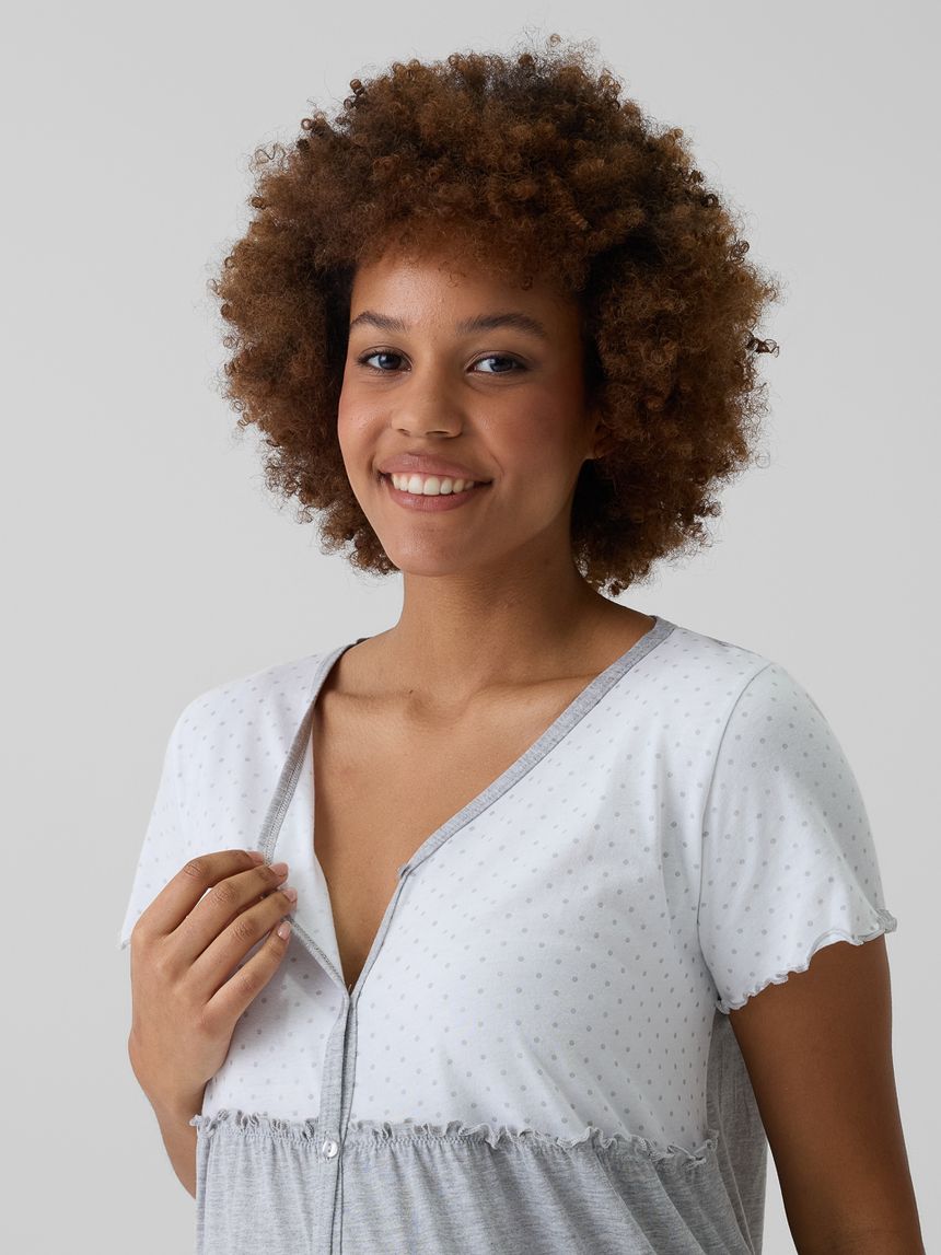 γυναικείο νυχτικό εγκυμοσύνης/θηλασμού γκρι/λευκό πουά - Prénatal