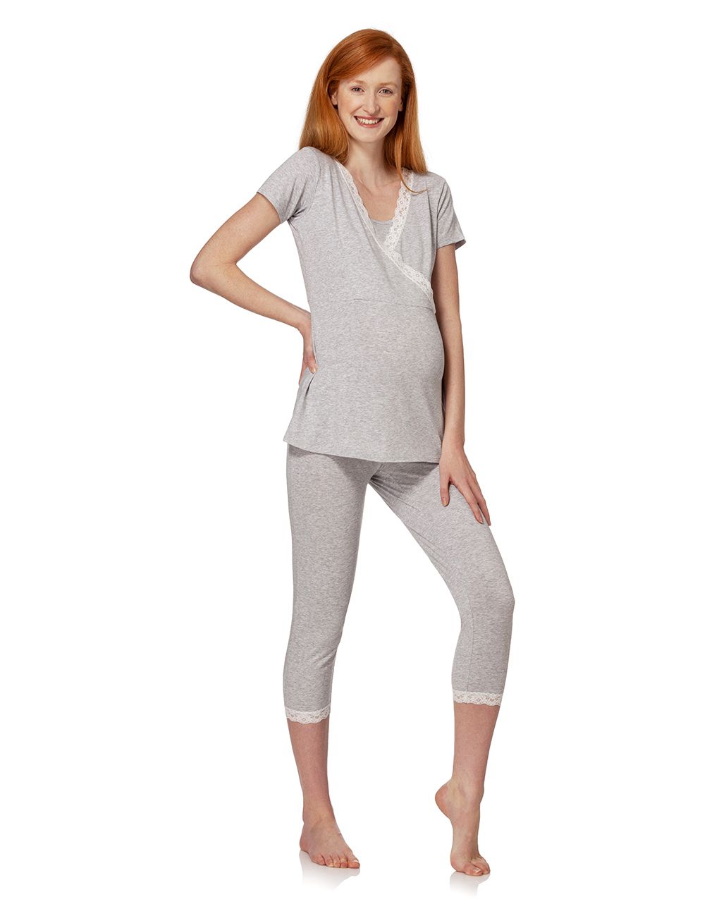 γυναικεία πιτζάμα εγκυμοσύνης/θηλασμού γκρι με δαντέλα 627339 - Prénatal