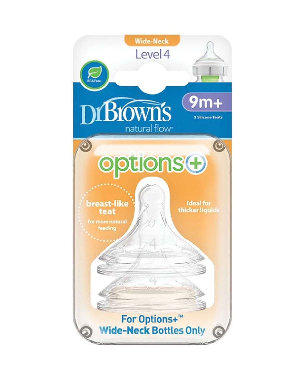 Dr. brown's options+ θηλές για μπιμπερό με φαρδύ λαιμό 2τμχ επίπεδο 4 9m+ 112.70.1hc.301 - Dr Browns