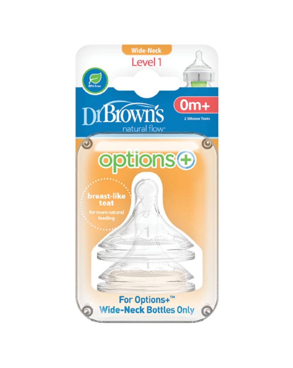Dr. brown's options+ θηλές σιλικόνης 2τμχ με φαρδή λαιμό επίπεδο 1 0m+ 112.70.1hc.298 - Dr Browns