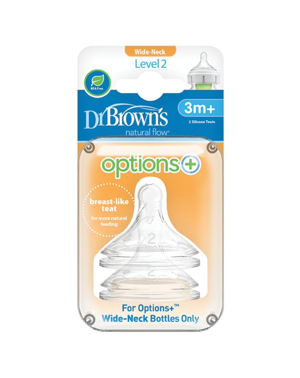 Dr. brown's options+ θηλές σιλικόνης 2τμχ με φαρδή λαιμό επίπεδο 2 3-6m+ 112.70.1hc.299 - Dr Browns
