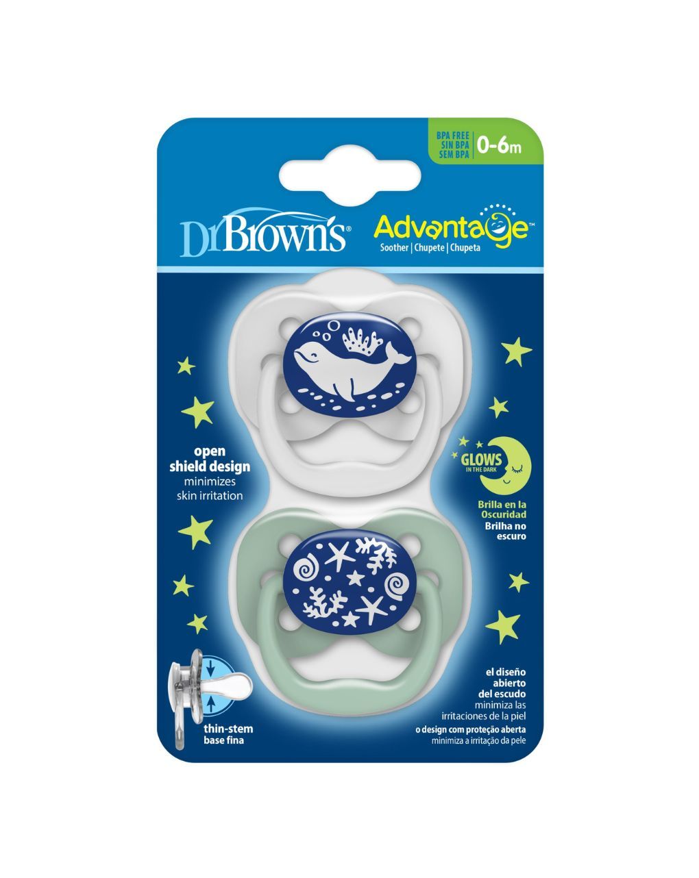 Dr. brown's πιπίλες σιλικόνης νυχτός 2τμχ advantage boy 0-6m 112.70.1hc.310 - Dr Browns