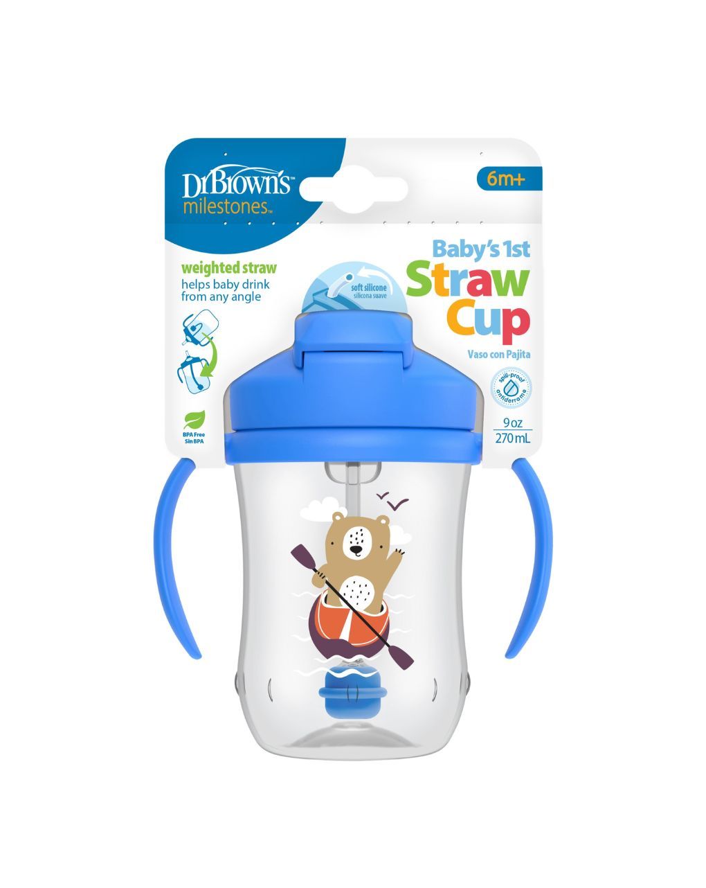 Dr. brown's εκπαιδευτικό ποτηράκι με εύπλαστο καλαμάκι 270ml 6m+ μπλε 112.70.1hc244 - Dr Browns