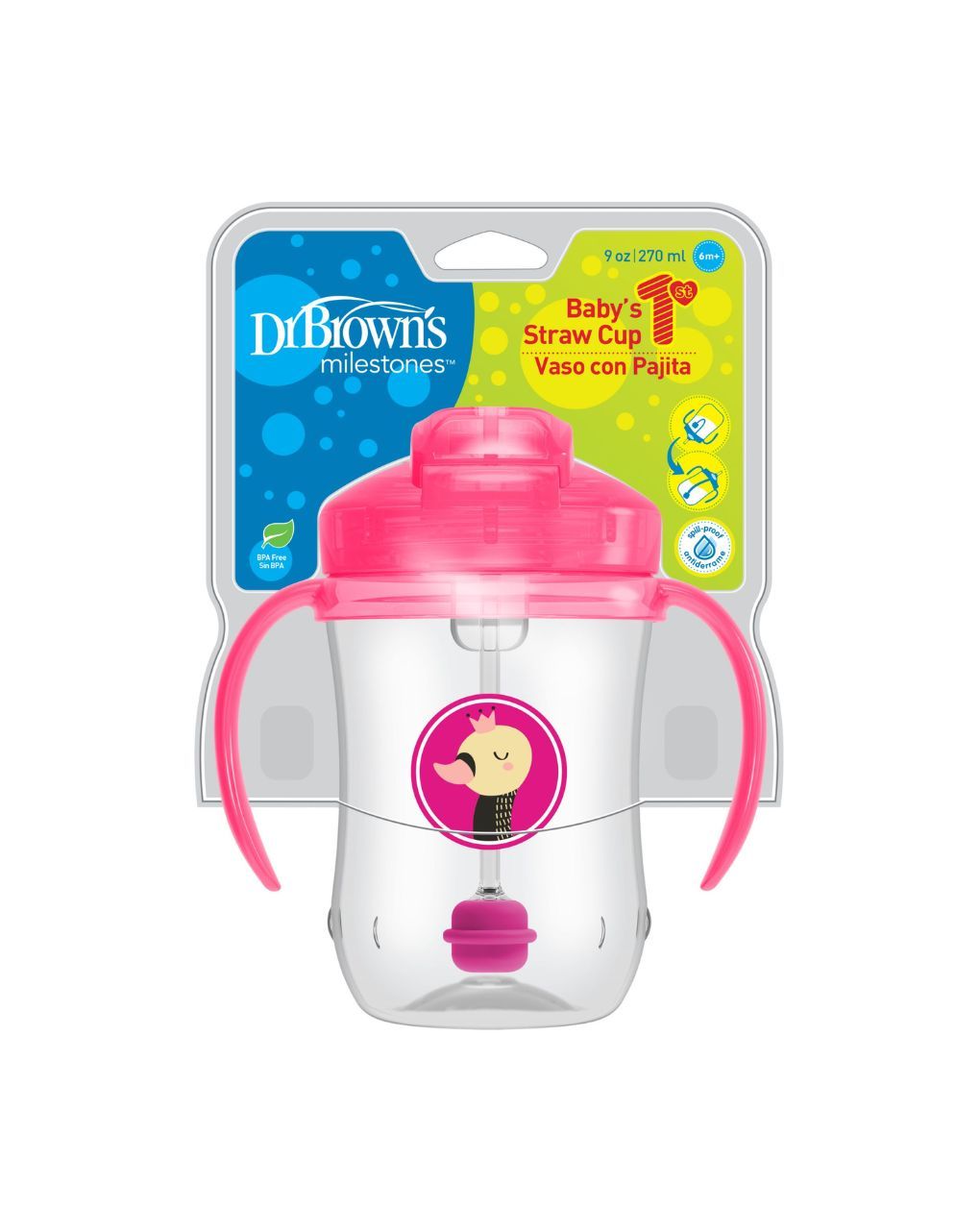 Dr. brown's εκπαιδευτικό ποτηράκι με εύπλαστο καλαμάκι 270ml 6m+ ροζ 112.70.1hc243 - Dr Browns