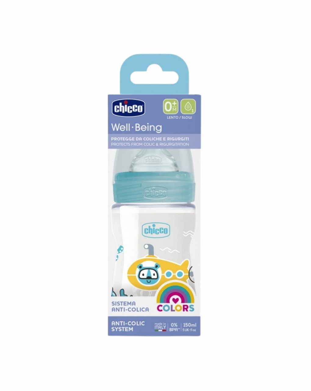 Chicco πλαστικό μπιμπερό well being με θηλή σιλικόνης αργής ροής 150ml 0+ μηνών σιέλ a60-28611-20 - Chicco