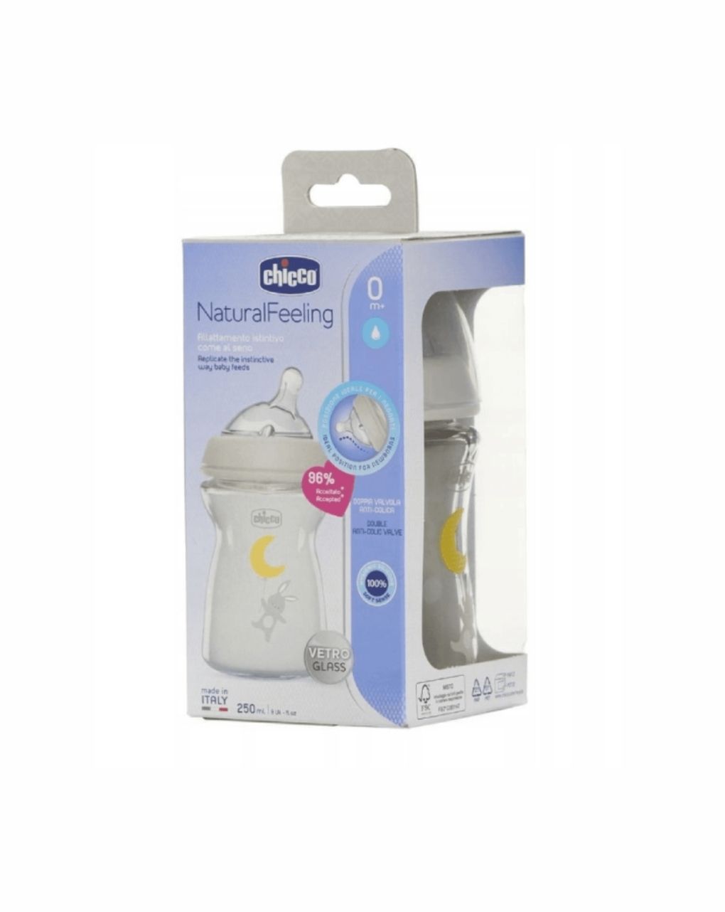 Chicco γυάλινο μπιμπερό natural feeling με θηλή σιλικόνης 250ml 0+ μηνών λευκό - Chicco