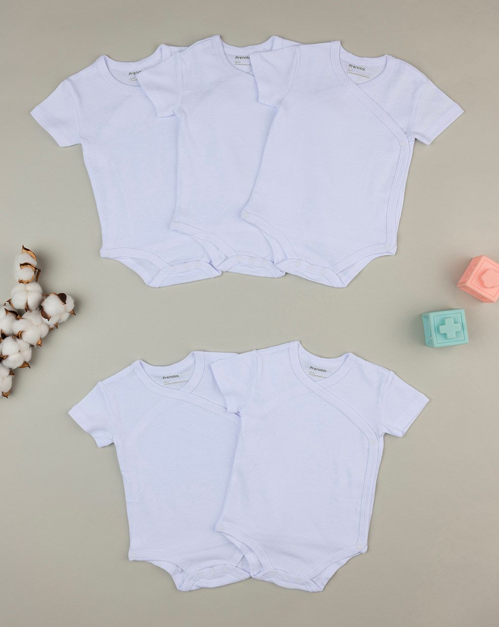 βρεφικά κορμάκια λευκά πακέτο x5 με κρουαζέ unisex - Prénatal