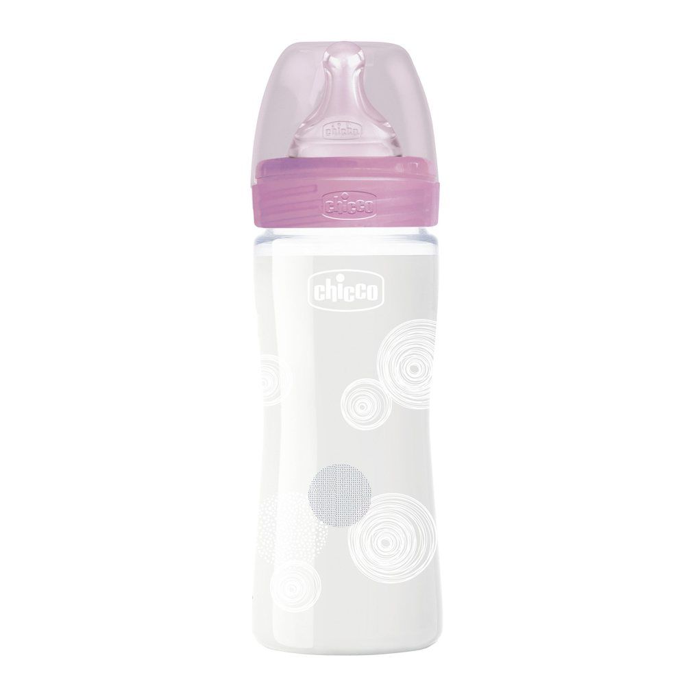 Chicco γυάλινο μπιμπερό well being 240ml θηλή σιλικόνης 0m+ ροζ a50-28721-10 - Chicco