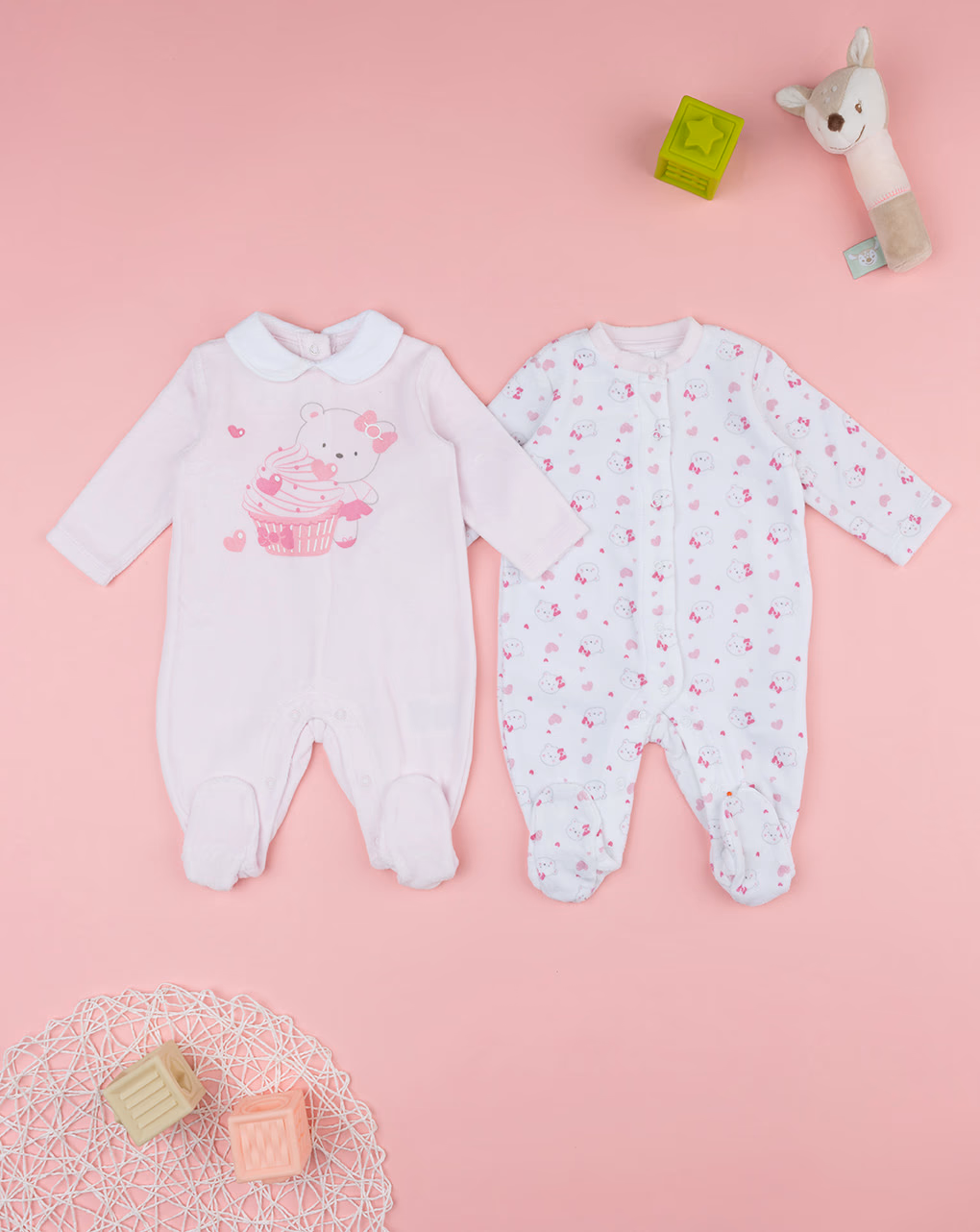 βρεφικά φορμάκια μακρυμάνικα σενίλ πακέτο x2 με αρκουδάκια για κορίτσι