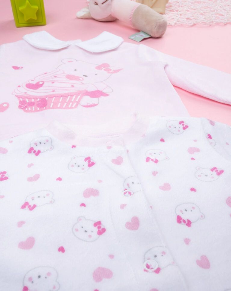 βρεφικά φορμάκια μακρυμάνικα σενίλ πακέτο x2 με αρκουδάκια για κορίτσι - Prénatal