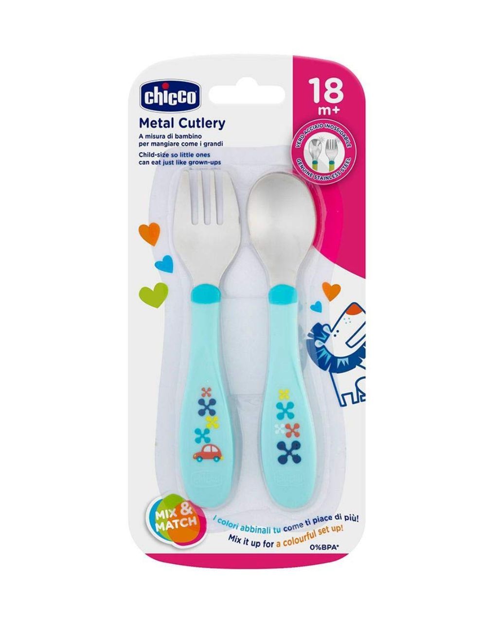 Chicco metal cutlery mix & match μπλέ πιρούνι-κουτάλι 18m+ 2τμχ f05-16102-20 - Chicco
