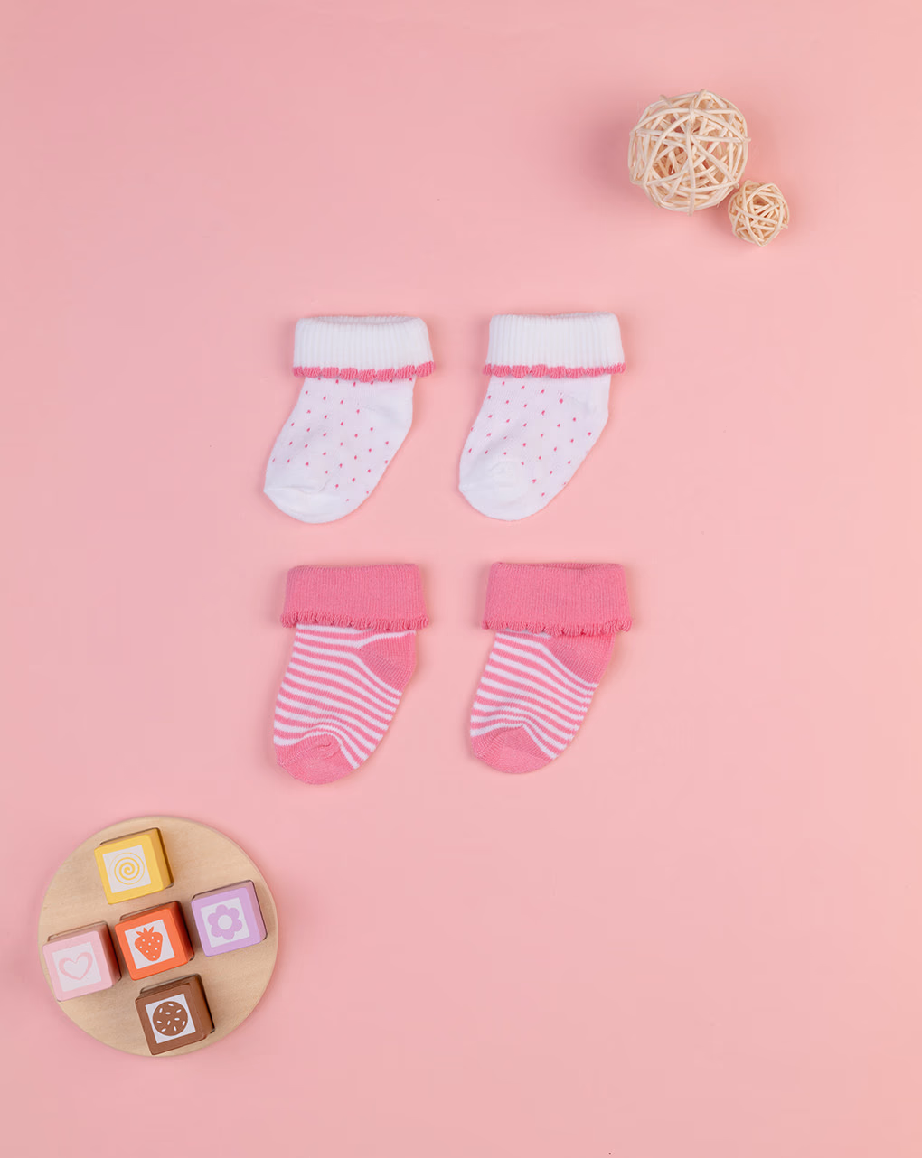 βρεφικές κάλτσες βαμβακερές πακέτο x2 πουά/ριγέ για κορίτσι - Prénatal