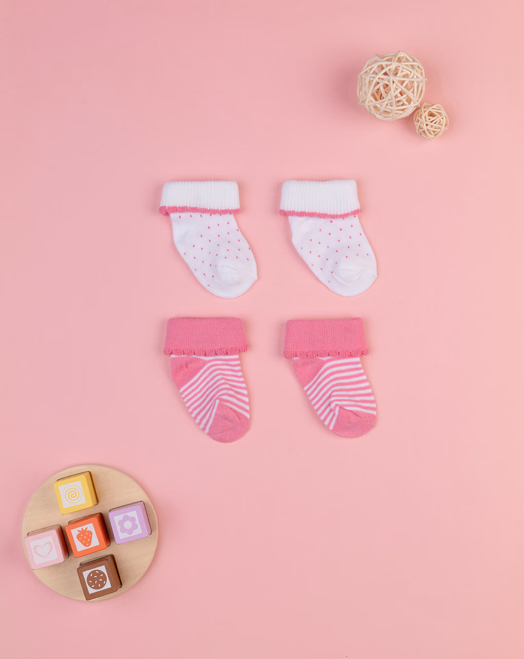 βρεφικές κάλτσες βαμβακερές πακέτο x2 πουά/ριγέ για κορίτσι - Prénatal