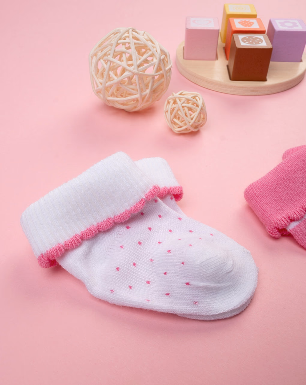 βρεφικές κάλτσες βαμβακερές πακέτο x2 πουά/ριγέ για κορίτσι - Prénatal