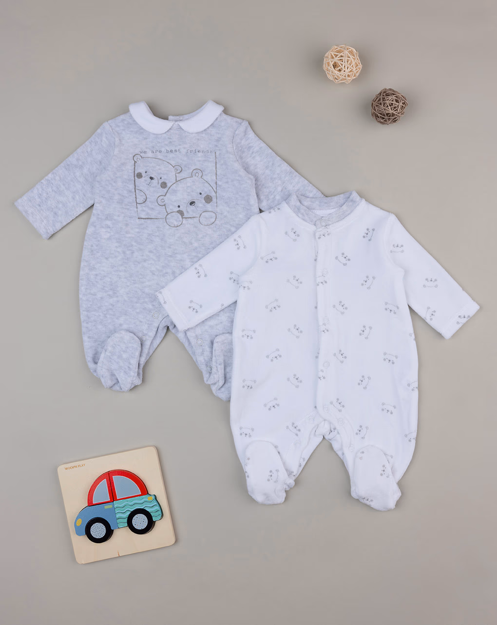 βρεφικά φορμάκια σενίλ πακέτο γκρι/λευκό με αρκουδάκια x2 unisex