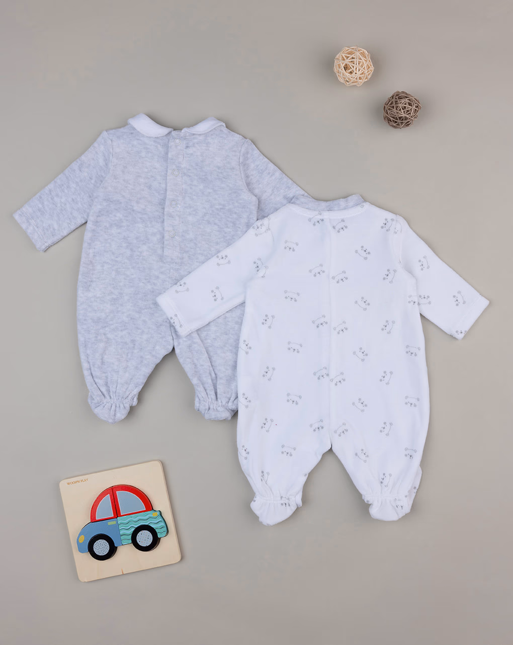 βρεφικά φορμάκια σενίλ πακέτο γκρι/λευκό με αρκουδάκια x2 unisex - Prénatal