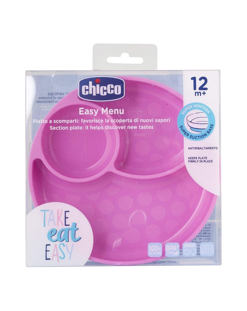 Chicco πιάτο σιλικόνης με χωρίσματα και βεντούζα ροζ 12m+ f05-10216-10 - Chicco