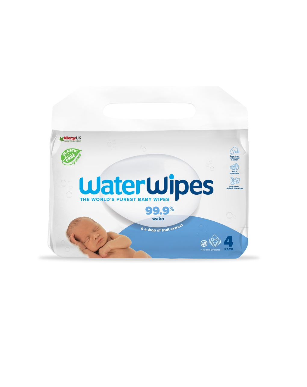 Waterwipes, 100% plastic-free άοσμα μωρομάντηλα, 99.9% νερό, 144 μαντηλάκια (4x60τμχ) ib/440016