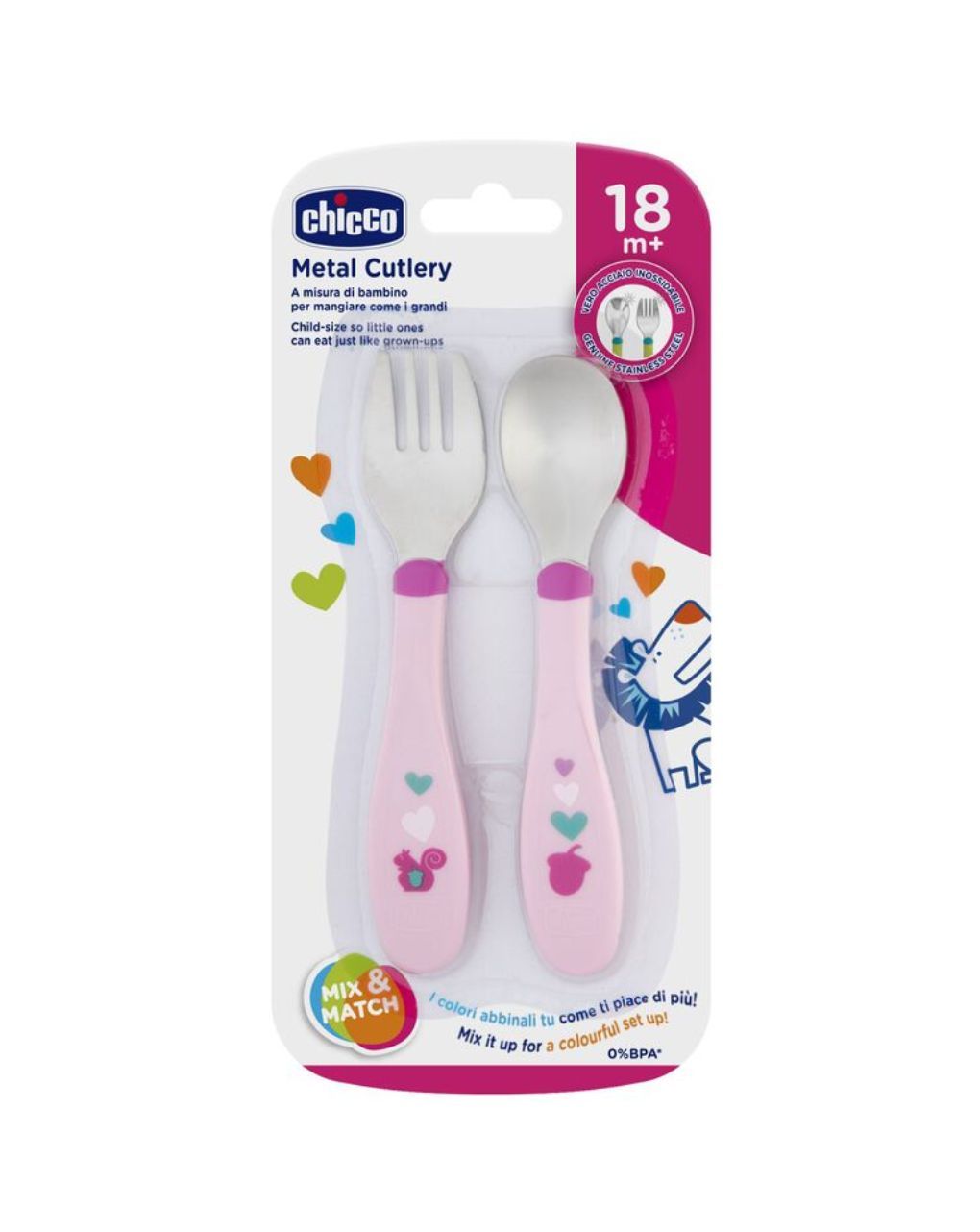 Chicco πιρούνι-κουτάλι 2τμχ metal cutlery mix & match 18m+ ροζ f05-16102-10 - Chicco