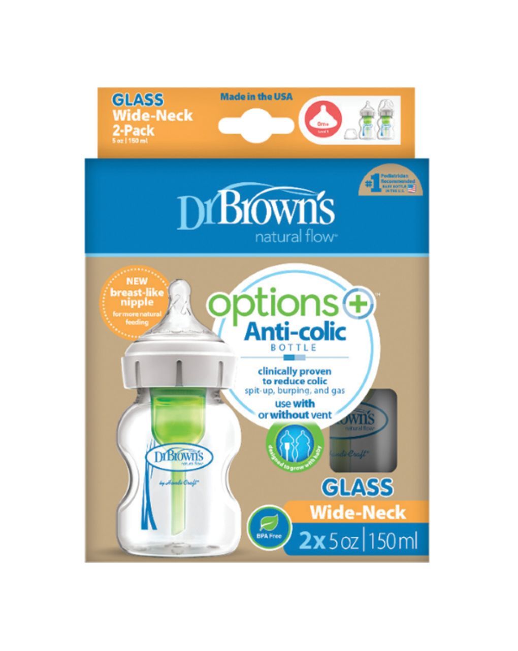 Dr. brown's options+ natural flow γυάλινο μπιμπερό με θηλή σιλικόνης & φαρδύ λαιμό 2x150ml 112.70.1hc.291 - Dr Browns