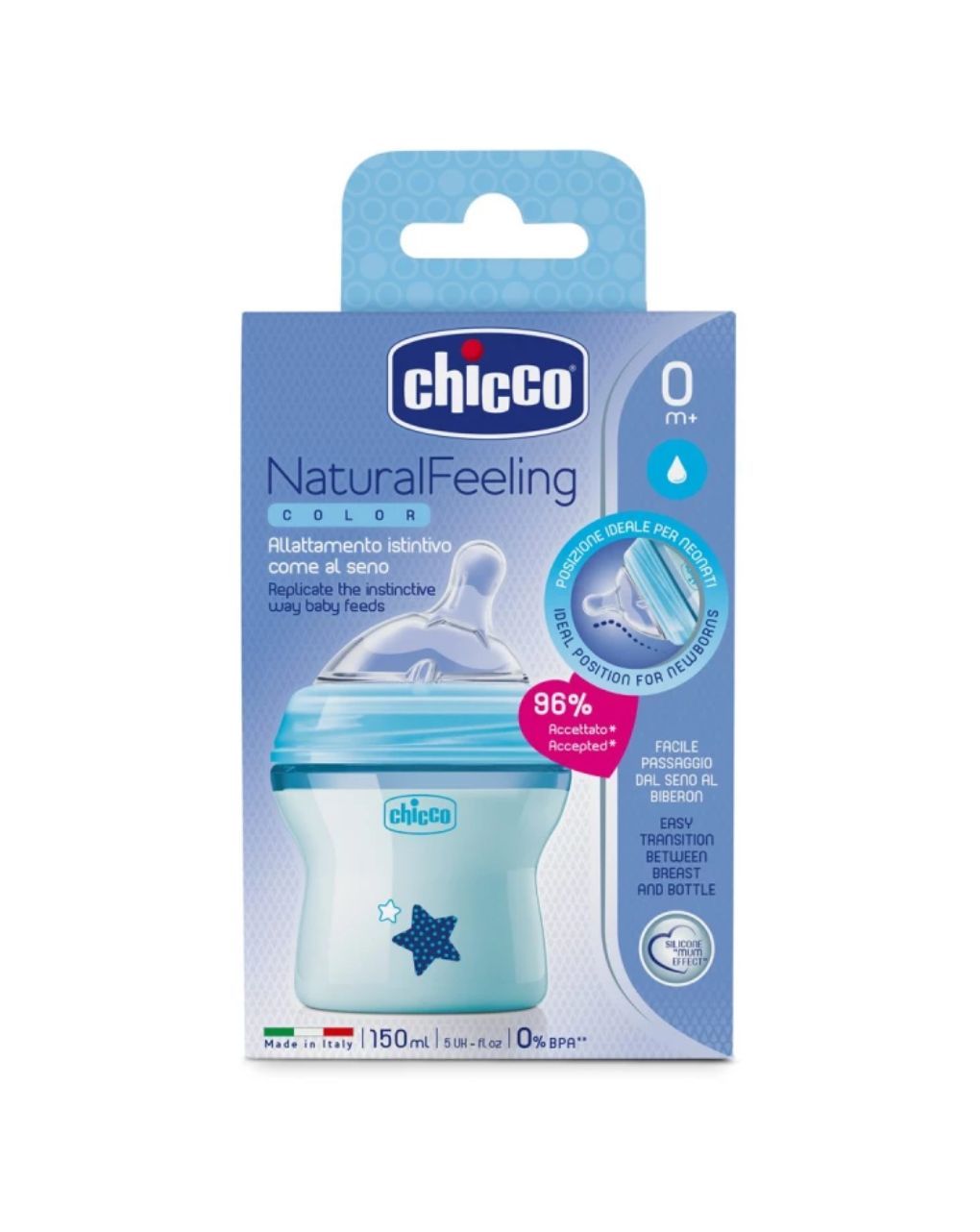 Chicco πλαστικό μπιμπερό natural feeling 150ml αργή ροή 0m+ μπλε a60-80811-21 - Chicco