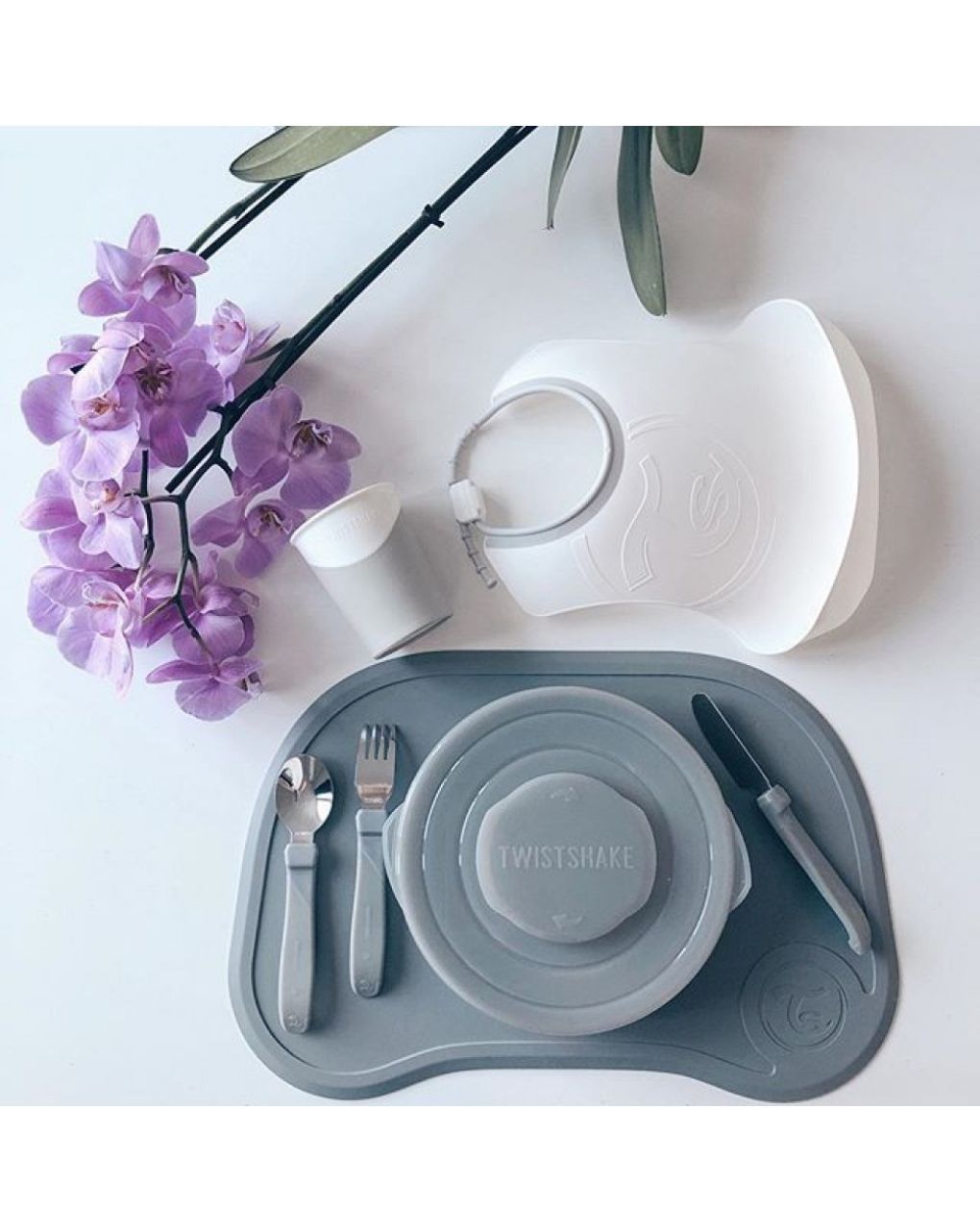 Twistshake ανοξείδωτο σετ κουτάλι, μαχαίρι, πιρούνι 12m+ pastel grey - Twistshake