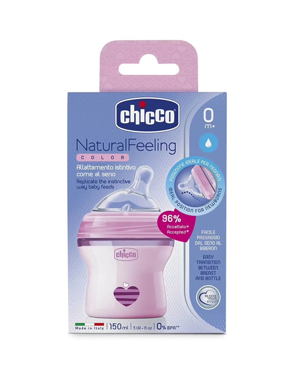 Chicco πλαστικό μπιμπερό natural feeling 150ml αργή ροή 0m+ ροζ a60-80811-11 - Chicco