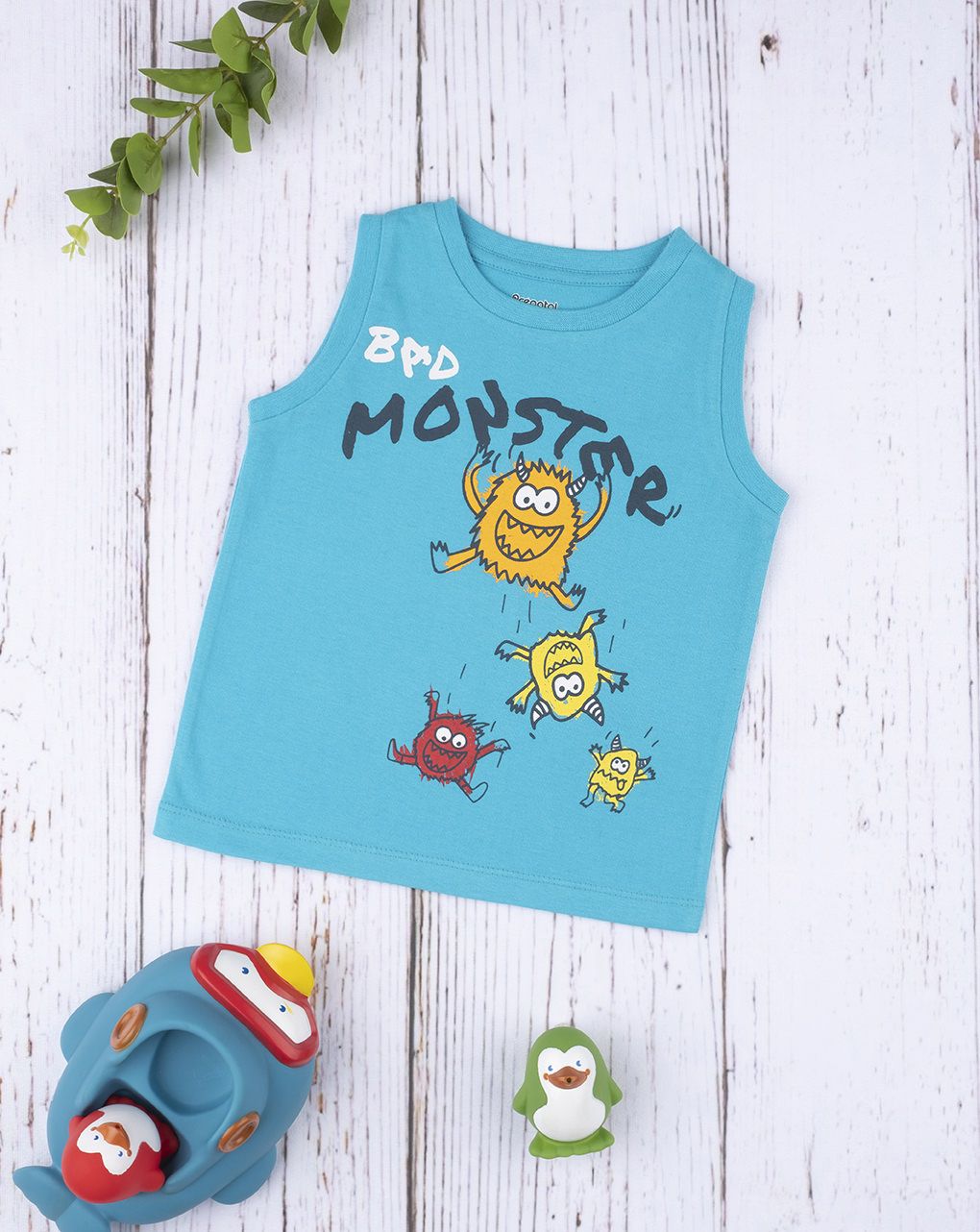 βρεφικό αμάνικο μπλουζάκι γαλάζιο με τερατάκια για αγόρι