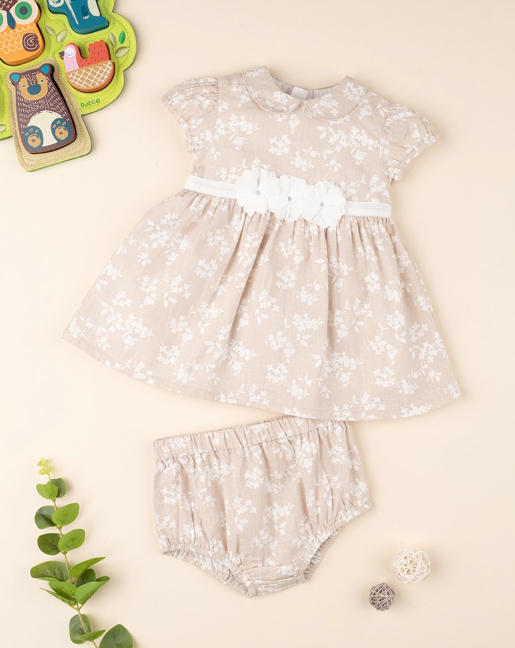 βρεφικό φορεματάκι λινό σε καφέ άμμου για κορίτσι - Prénatal