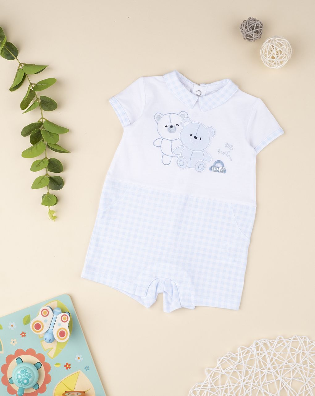 βρεφικό φορμάκι κοντό λευκό/γαλάζιο καρό με αρκουδάκια για αγόρι - Prénatal