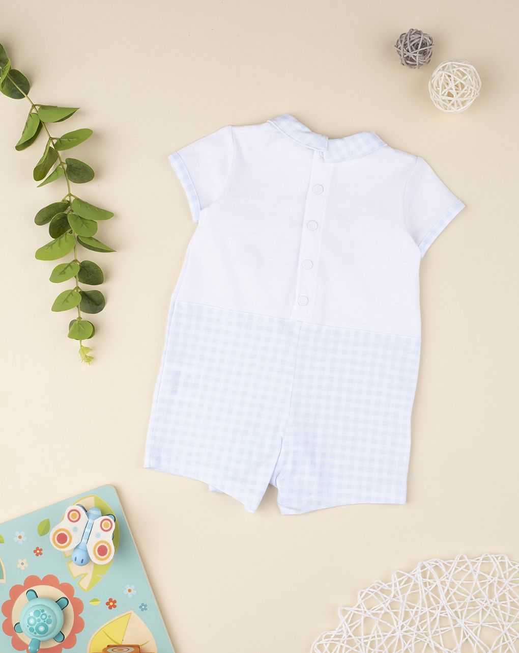 βρεφικό φορμάκι κοντό λευκό/γαλάζιο καρό με αρκουδάκια για αγόρι - Prénatal