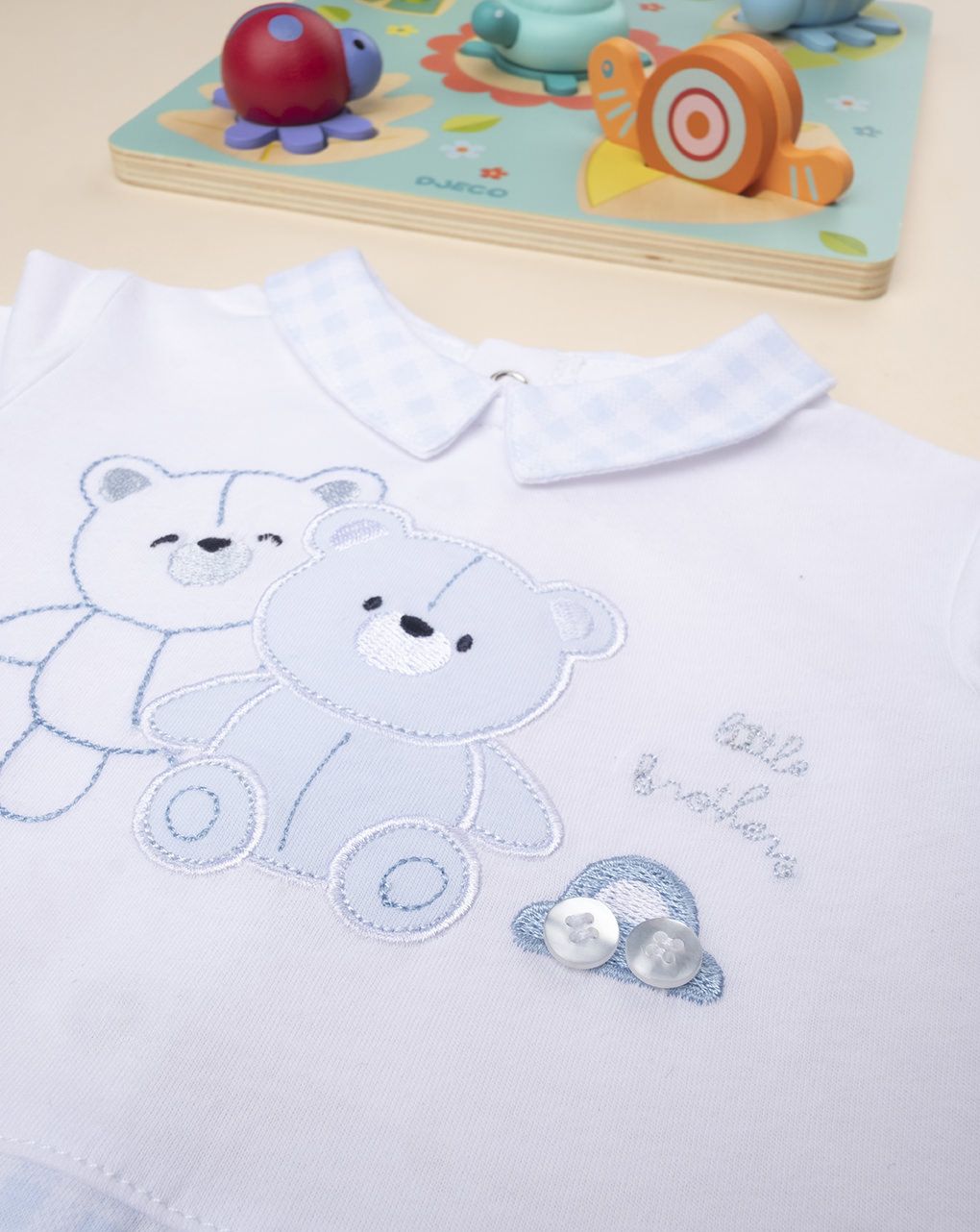 βρεφικό φορμάκι κοντό λευκό/γαλάζιο καρό με αρκουδάκια για αγόρι - Prénatal