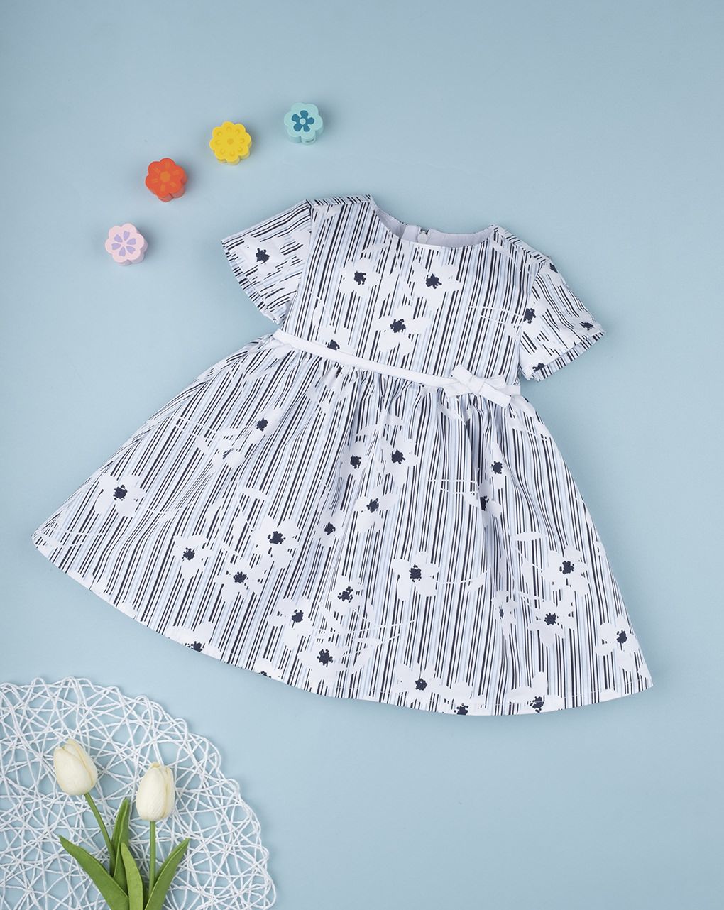 βρεφικό φόρεμα λευκό ριγέ με λουλουδια για κορίτσι - Prénatal