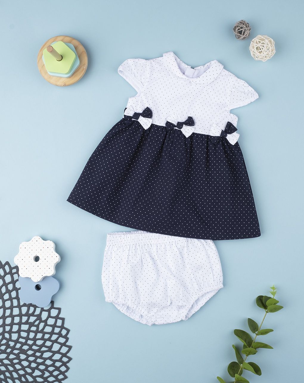 βρεφικό φόρεμα βαμβακερό κοντομάνικο μπλε πουά για κορίτσι - Prénatal