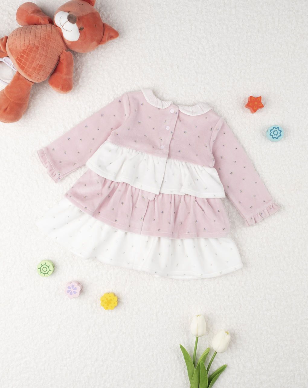 βρεφικό φόρεμα σενίλ ροζ για κορίτσι - Prénatal