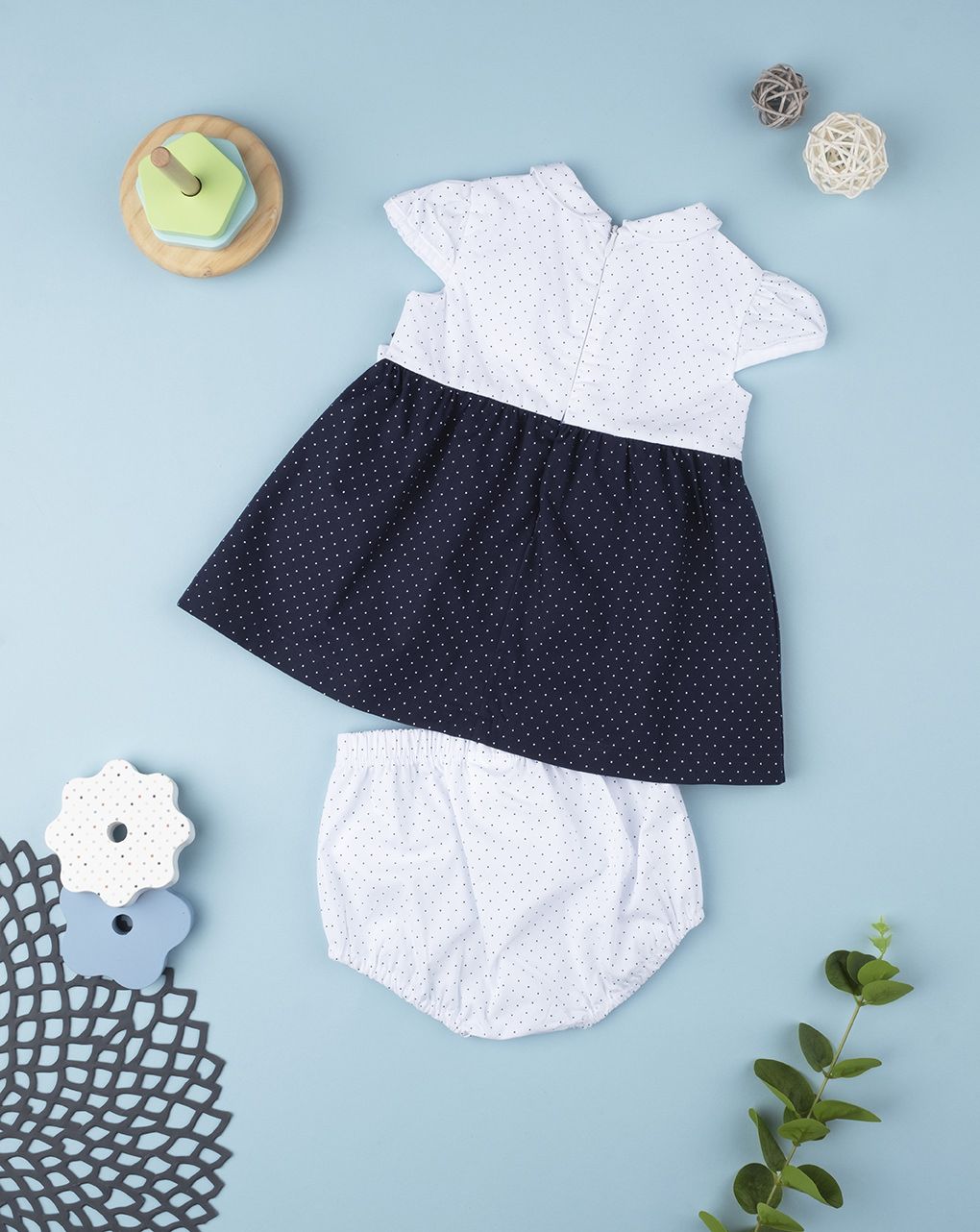 βρεφικό φόρεμα βαμβακερό κοντομάνικο μπλε πουά για κορίτσι - Prénatal