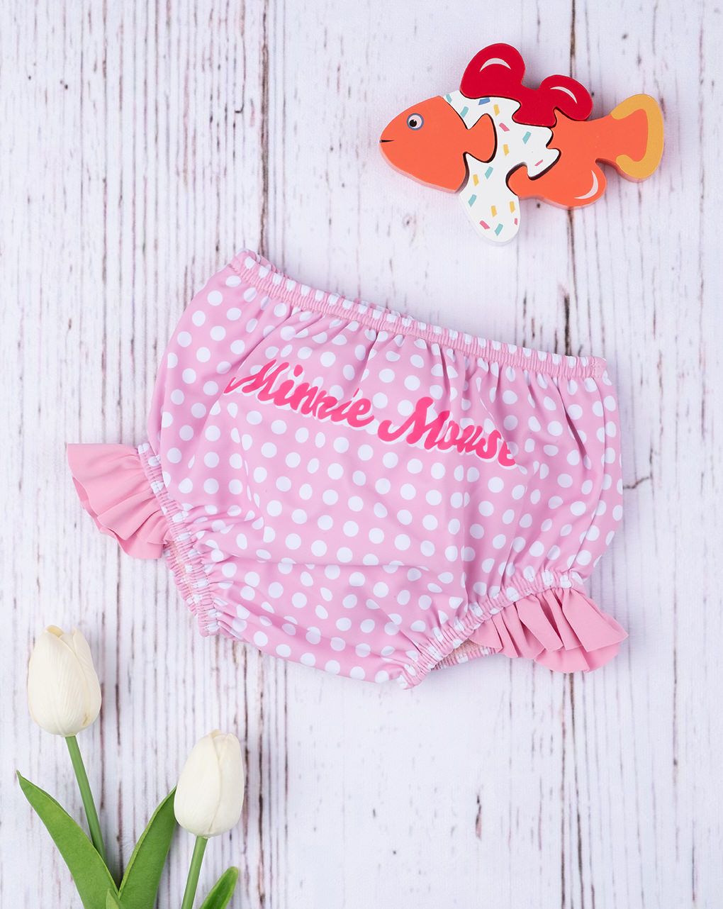 βρεφικό μαγιό πάνα ροζ πουά με τη minnie για κορίτσι