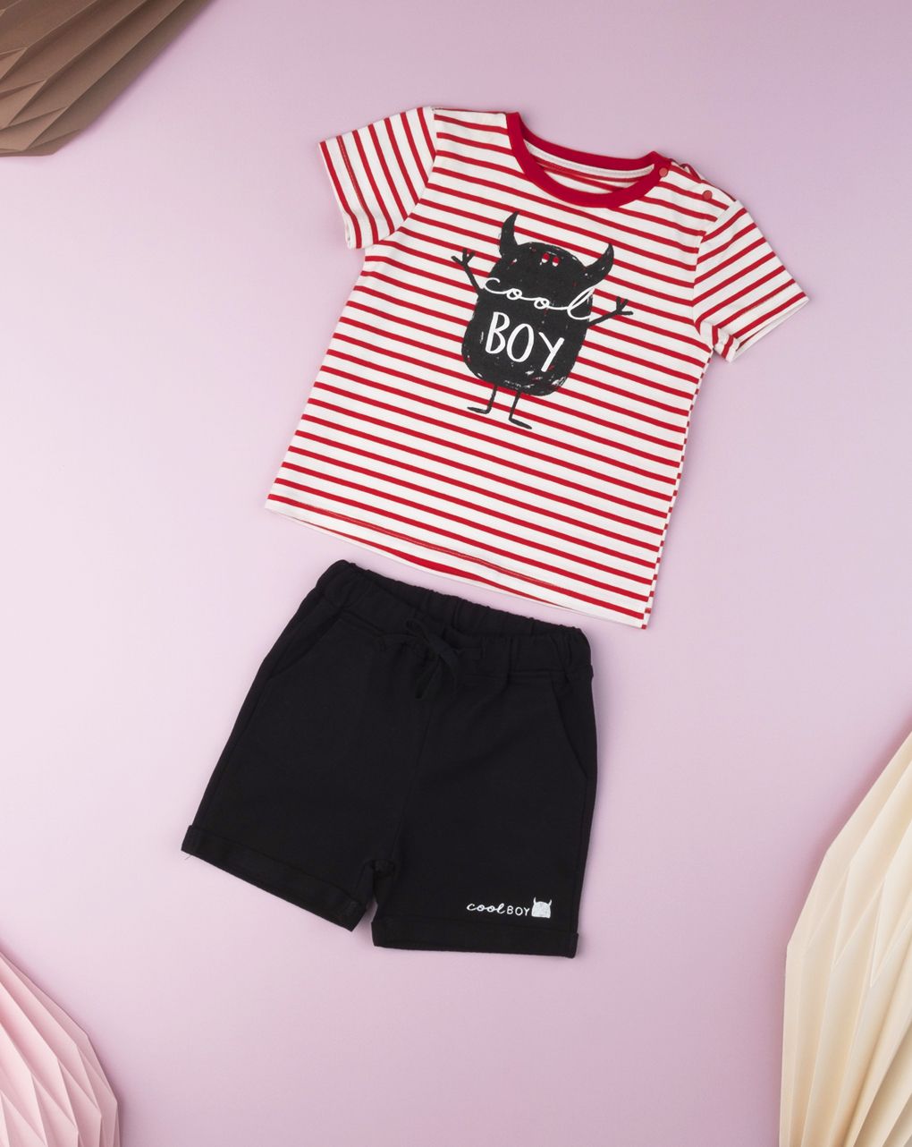 T-shirt jersey ριγέ λευκό - κόκκινο με στάμπα για αγόρι - Prénatal