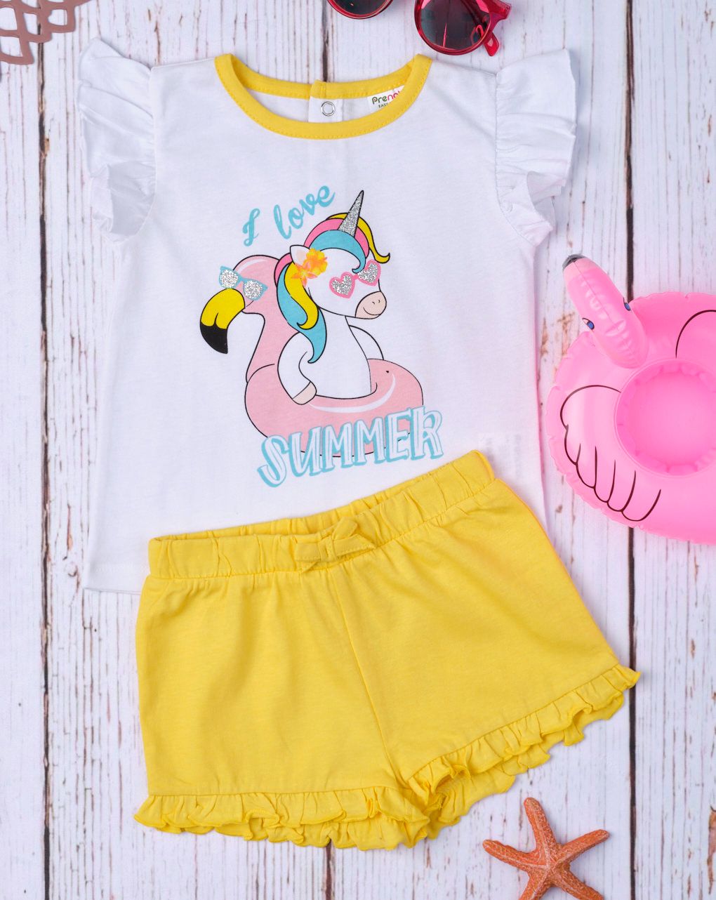 σετ t-shirt και σορτσάκι κίτρινο με μονόκερο για κορίτσι - Prénatal