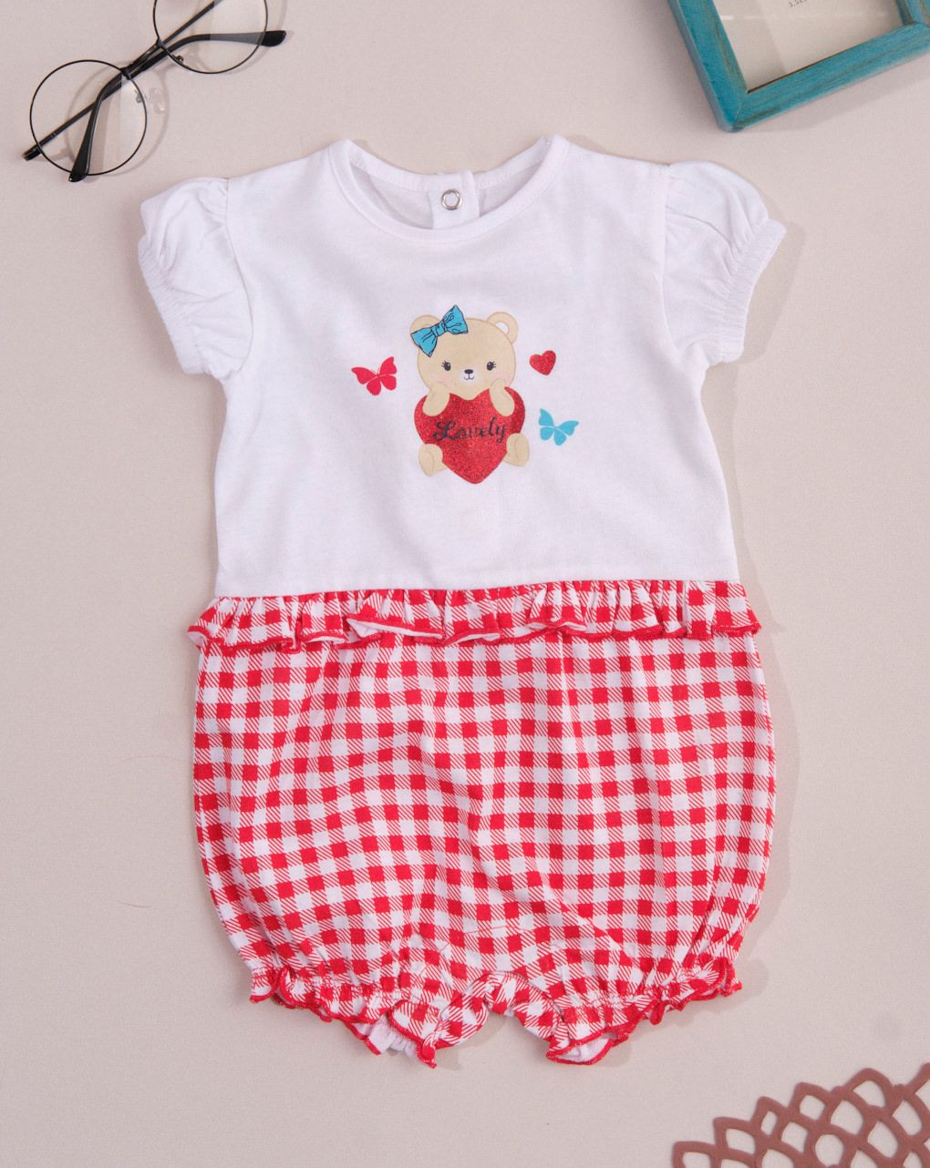 φορμάκι κοντό jersey με καρό και αρκουδάκι για κορίτσι