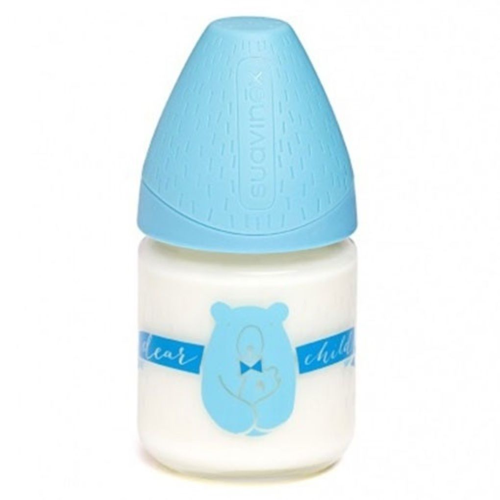 Suavinex γυάλινο μπιμπερό με ανατομική θηλή blue bear 120ml 0-6m - Suavinex