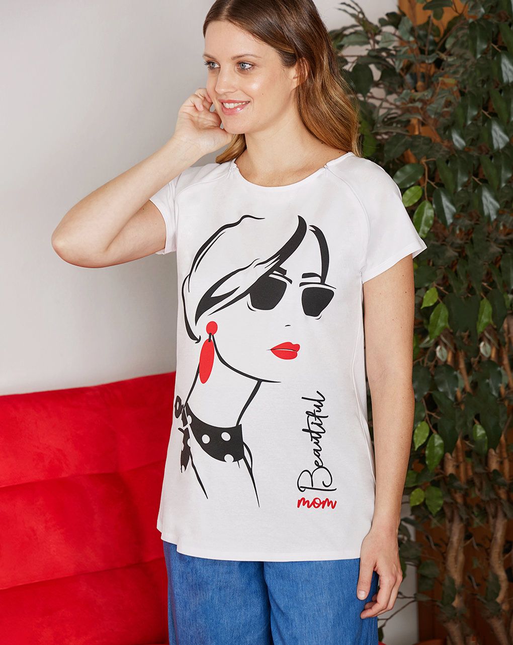 γυναικεία κοντομάνικη μπλούζα εγκυμοσύνης/θηλασμού άσπρη - Prénatal