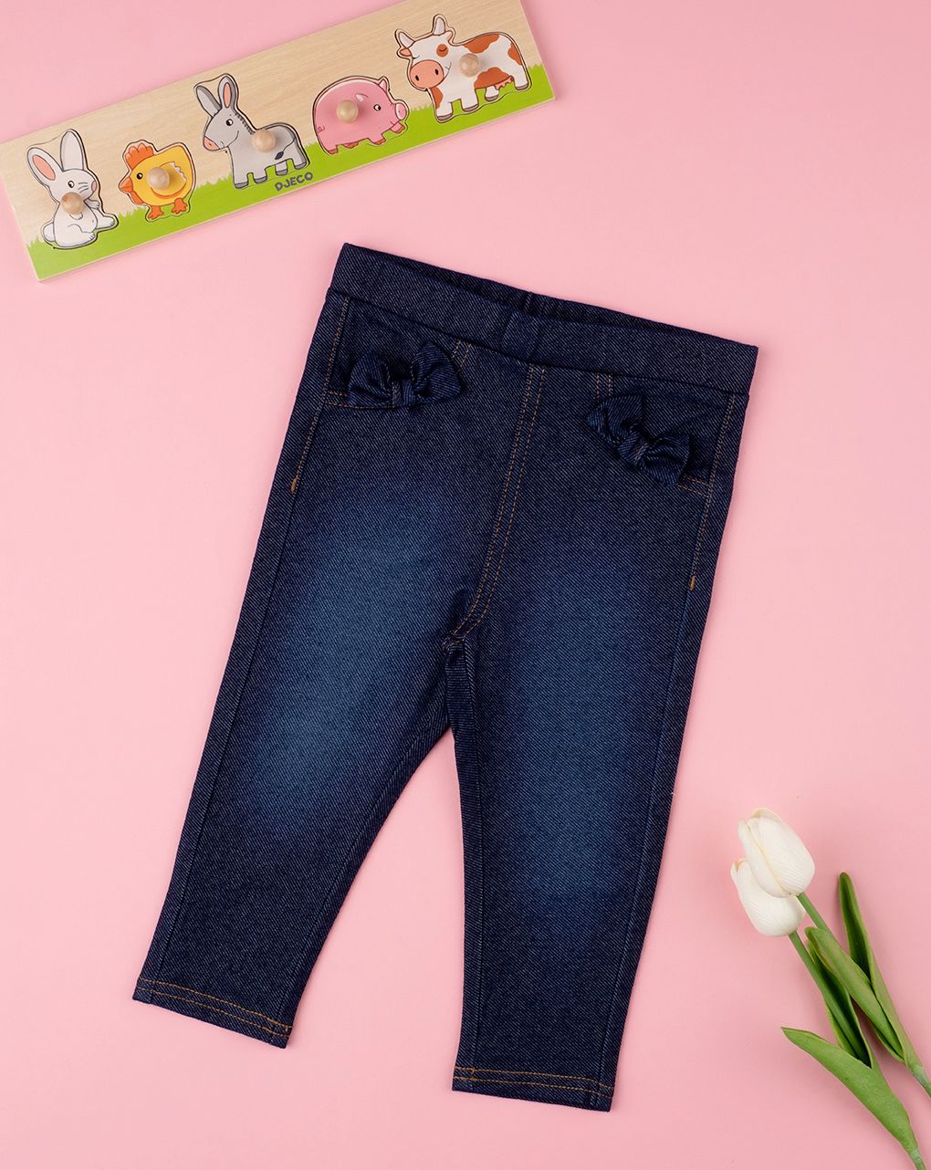βρεφικό τζιν παντελόνι σκούρο μπλε με φιογκάκια για κορίτσι