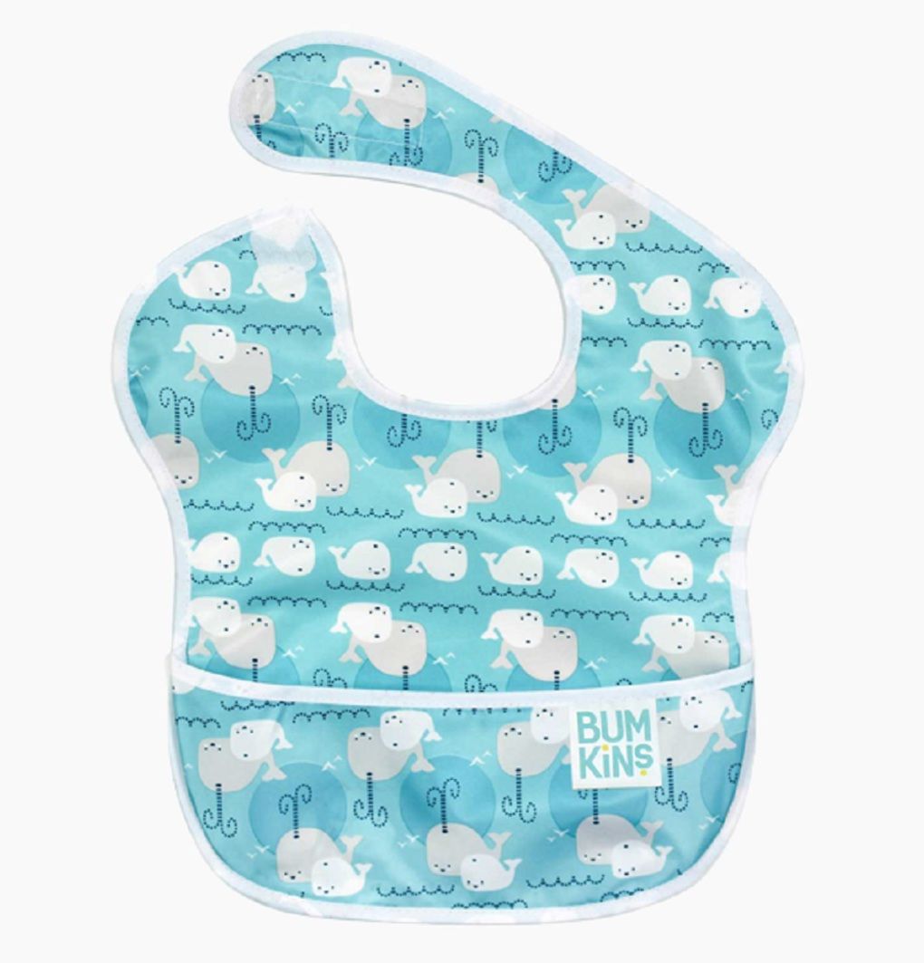 Bumkins waterproof superbib, whales, αδιάβροχη σαλιάρα, 6-24 μηνών, γαλάζιο-γκρί - BUMKINS